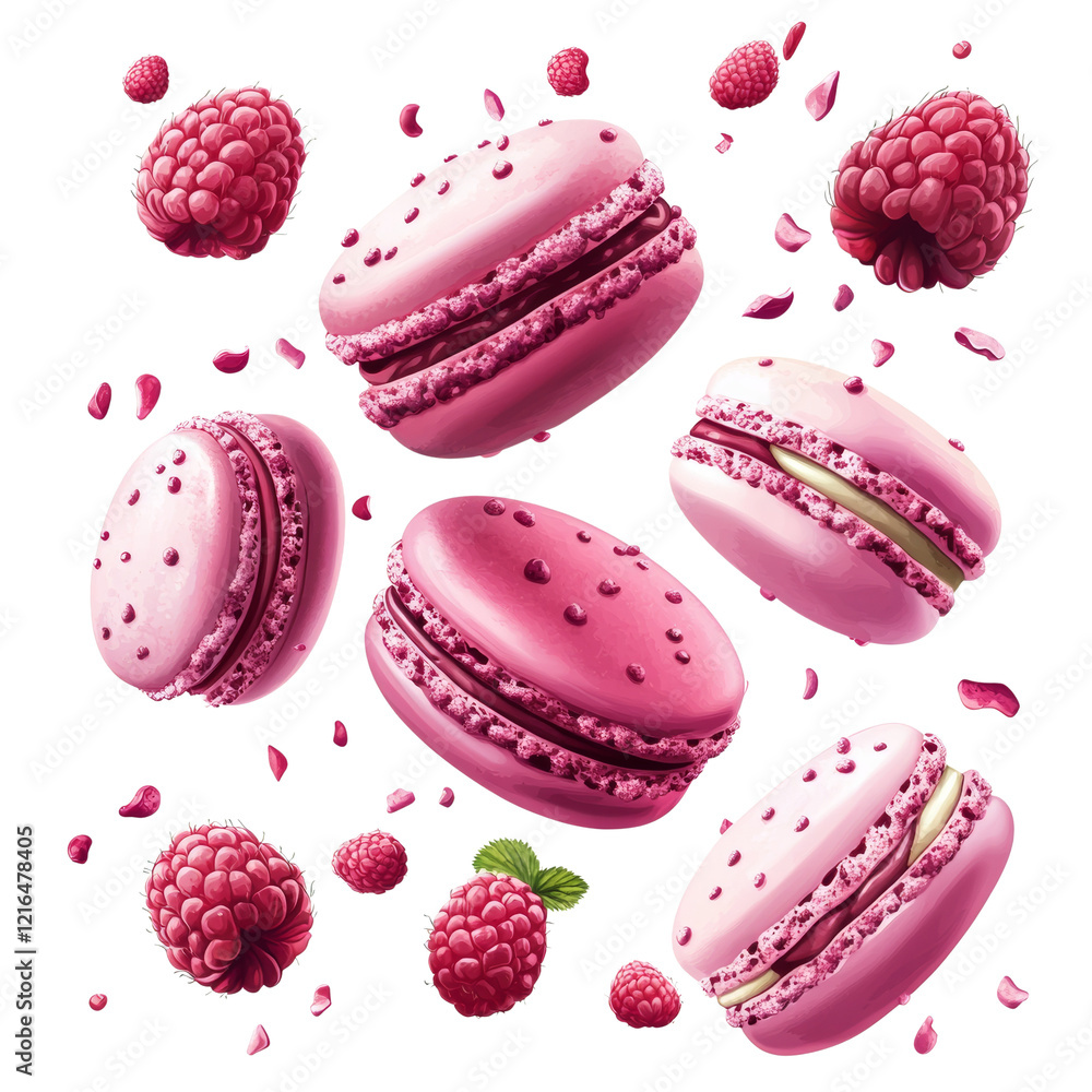 Poster A vibrant image showcases pink macarons and raspberries falling against a black background, creating a visually appealing and appetizing scene.