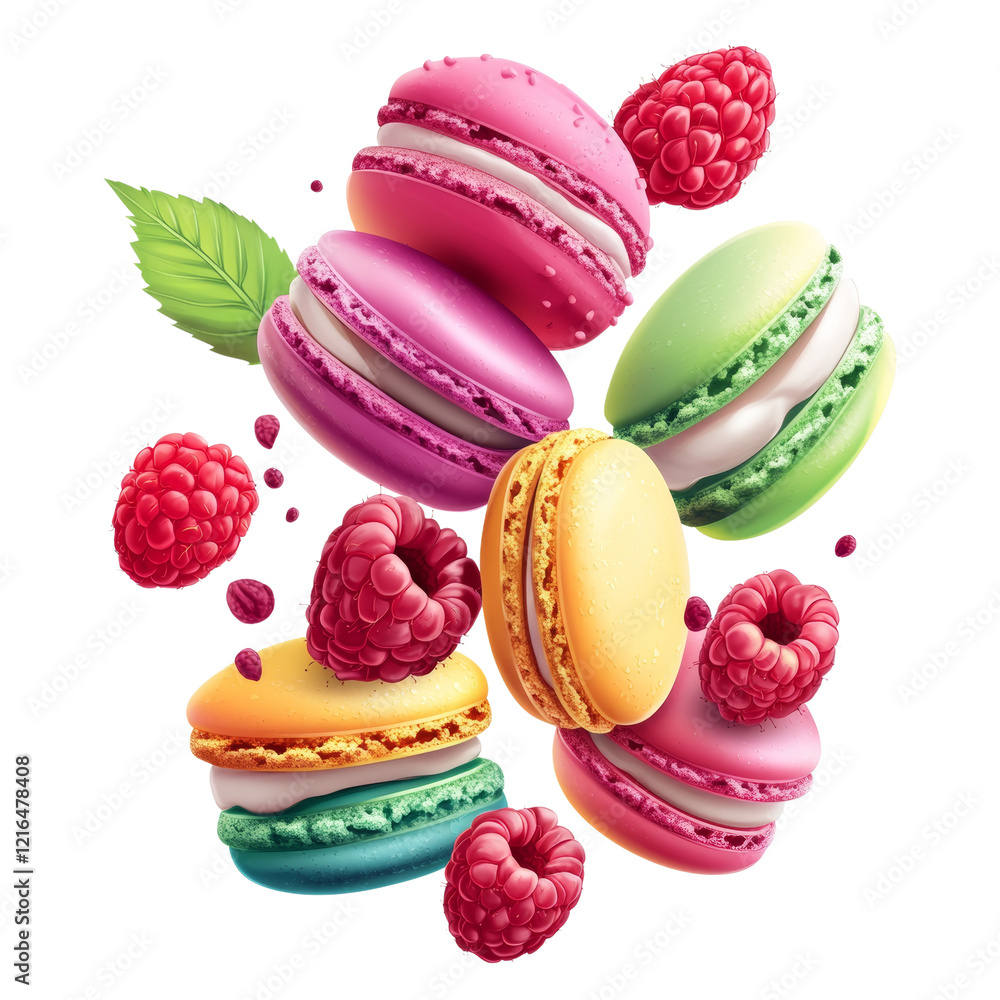 Poster a vibrant image showcases colorful macarons and raspberries suspended in midair against a black back