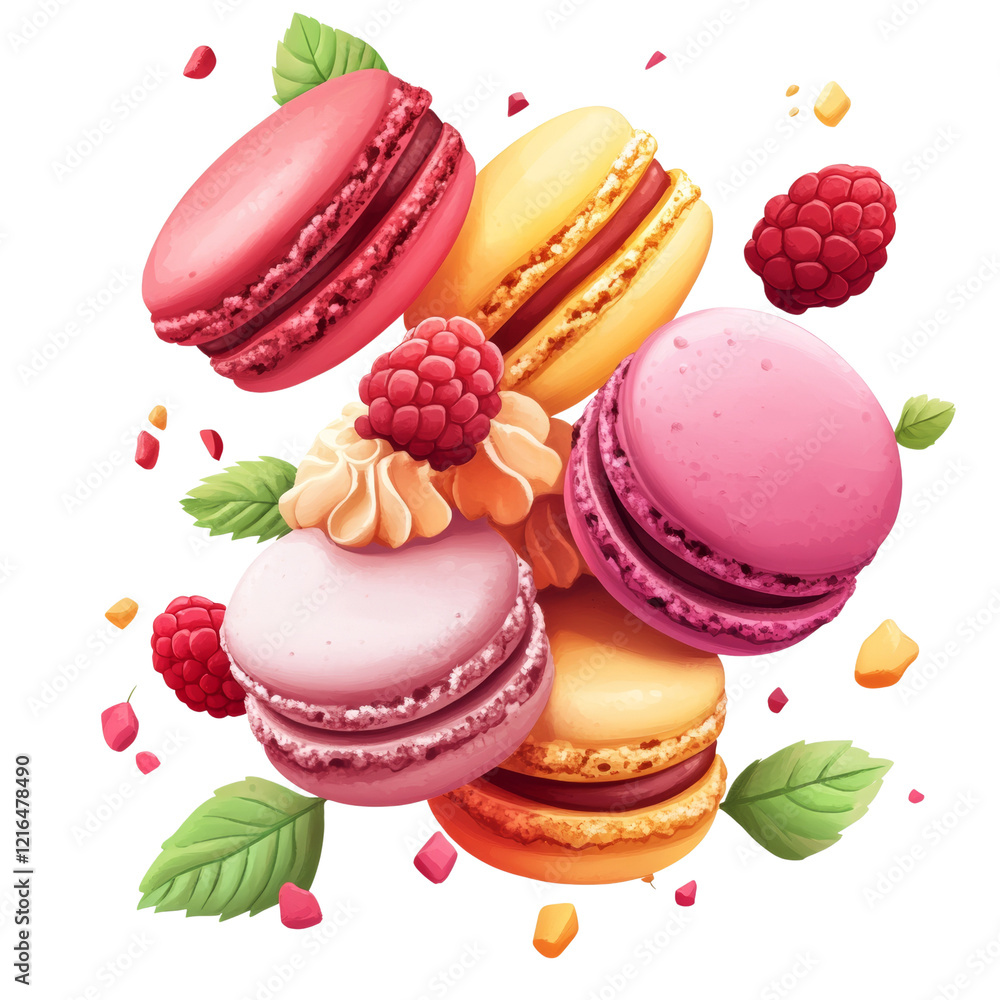 Poster a digital illustration shows various colorful macarons and raspberries in a dynamic composition, sug