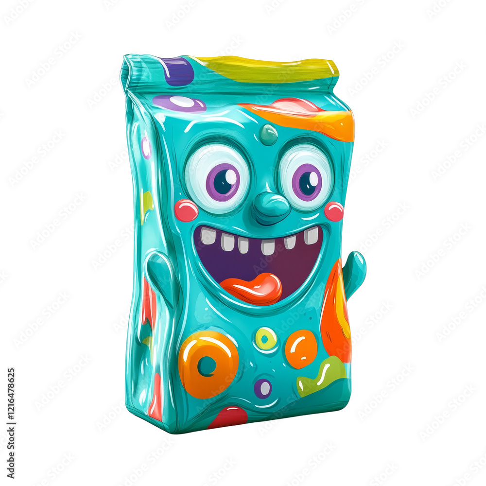 Poster a cheerful cartoon monster is depicted on a colorful package design suggesting a fun and playful pro