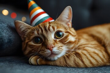 Festive Ginger Cat with Party Hat Relaxing Indoors - Perfect for Pet Celebration Design