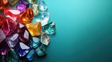 A cluster of polished gemstones on a gradient teal background.