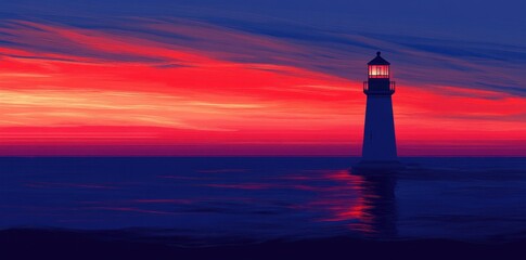 Luminous Lighthouse at Sunset Over Calm Ocean Waters