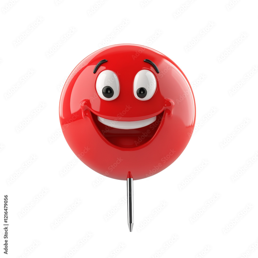 Poster a 3d rendered image of a happy red emoji affixed to a pushpin against a black background.