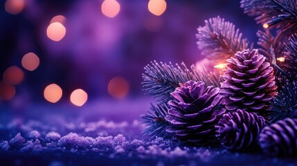 A festive scene featuring a purple wreath adorned with pine cones, surrounded by lush evergreen branches.