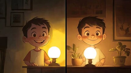 21.A dual-panel educational flashcard showing a cheerful boy smiling as he turns on a light in one panel, and turning it off with a darker scene in the other, with clear text labels.