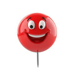 A 3D rendered image of a happy red emoji affixed to a pushpin against a black background.