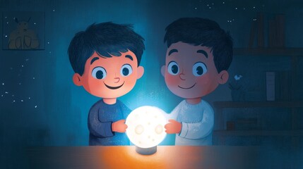 21.A dual-panel educational flashcard showing a cheerful boy smiling as he turns on a light in one panel, and turning it off with a darker scene in the other, with clear text labels.