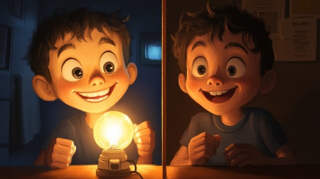 21.A dual-panel educational flashcard showing a cheerful boy smiling as he turns on a light in one panel, and turning it off with a darker scene in the other, with clear text labels.