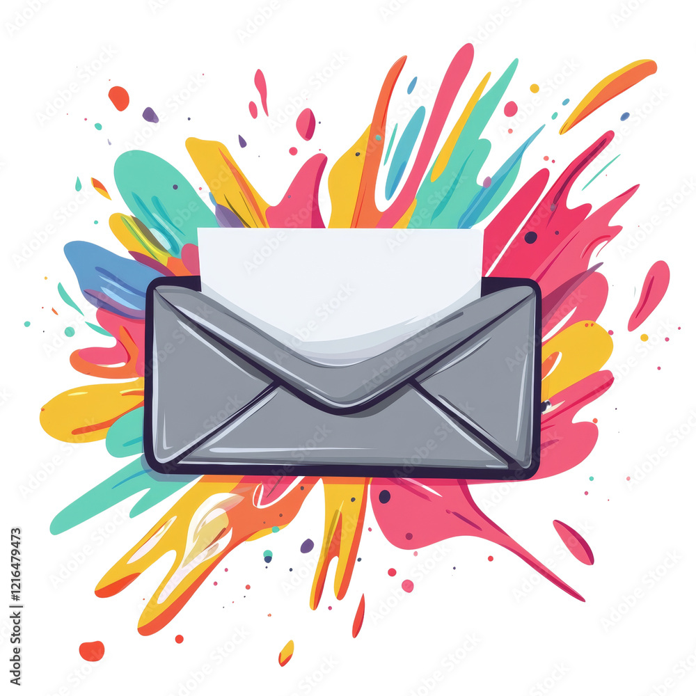 Poster a grey envelope with a blank piece of paper inside is surrounded by a vibrant explosion of colorful 