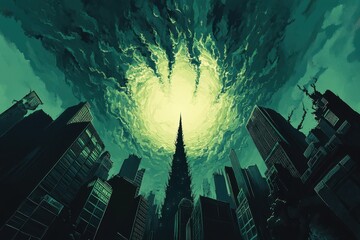 Cityscape Towering Under an Eerie Green Sky