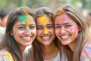 Fototapeta premium Happy indian women celebrating holi festival with colorful powder