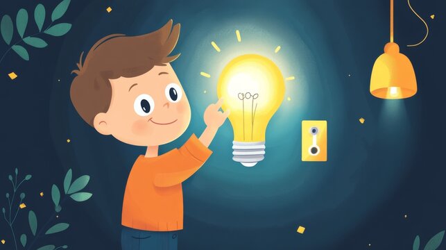 24.A fun and engaging flashcard depicting a lightbulb turning on and off as a boy presses a switch, designed with large, bold antonym labels and bright graphics.