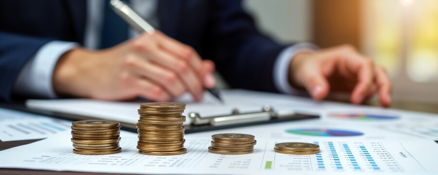 Professional financial expert negotiates payment plan. Expert consults client about debt settlement. Stacks of coins symbolize client savings. Business person works on financial documents. Pro