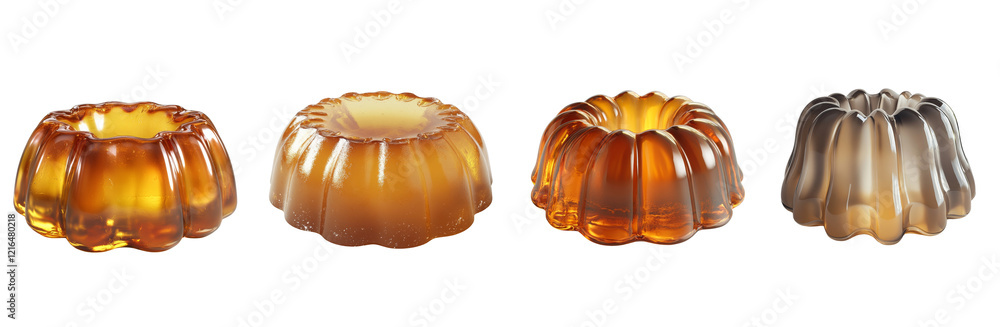 Aufkleber the image shows four translucent amber-colored jellies in different molds arranged in a row against 