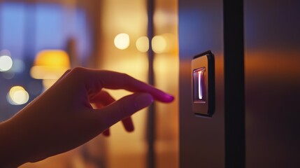 3.A macro shot capturing the moment a girlâ€™s finger lightly touches the edge of a sleek black toggle switch, with a blurred background featuring a contemporary home setting.