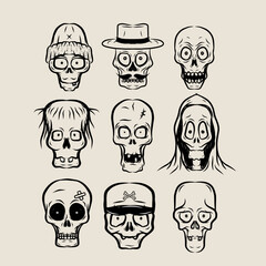 Hand drawn skull vector set featuring unique and quirky styles. Perfect for t-shirt designs, stickers, posters, and Halloween themes