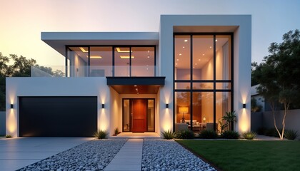 Luxury contemporary house with expansive glass windows, sleek garage door. Pebble garden at sunset. Calm, stylish design. Evening light highlights modern architecture. Large windows showcase