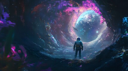 Fototapeta premium Astronaut Gazing at a Cosmic Portal to Another Planet