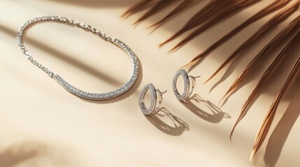 Naklejka premium A set of matching silver necklaces and earrings on a gradient beige background.