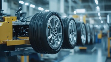 Fototapeta premium A shot of a robotic arm installing wheels onto car chassis in an automobile manufacturing factory