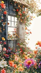 Naklejka premium wooden cottage with many flowers