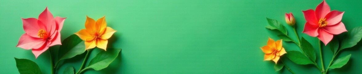 Fototapeta premium Delicate origami flowers on green paper background, leaf, garden