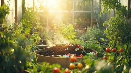 Compost bin in greenhouse at sunset; growing tomatoes; sustainable gardening