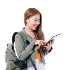 Portrait of a beautiful young Asian woman studying  with laptop computer and notebook isolated on...