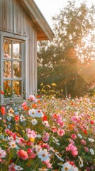 Obraz premium wooden cottage with many flowers