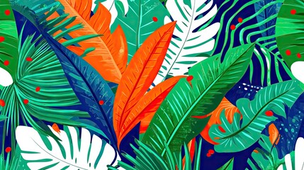 Lush tropical foliage, vibrant greens and oranges, jungle background, design textile