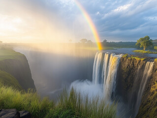 Majestic Waterfall Rainbow at Sunset