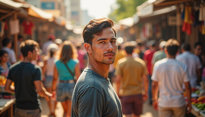 Fototapeta premium Contemplative young man in vibrant market scene, urban exploration