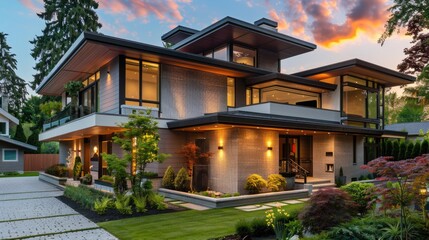 Obraz premium Suburban home exterior on bright sunny day, with large yard and covered porch