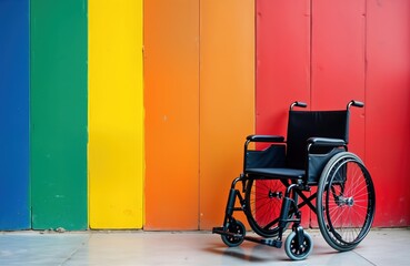 Empty black wheelchair sits against vibrant colorful wall with rainbow colors. Disability pride month theme. Accessibility concept. Modern urban setting. Suitable for health care, disability support