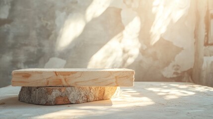Wooden slab on a rustic table with soft lighting and shadows.