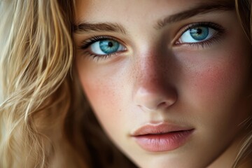 Fototapeta premium Young person with striking blue eyes and natural beauty close-up in soft natural light