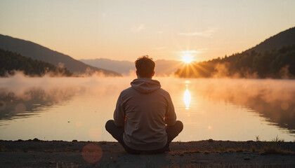 Contemplative man gazing at serene lake at sunrise, inner tranquility