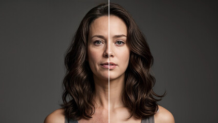 Age comparison concept. Same face portrait young and aged. Face split of an old and young women for olding revealing. Comparing mother and daughter. 