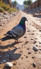 Obraz premium A pigeon ambles along a rough-hewn gravel road with uneven terrain and small pebbles everywhere, earthy tones, rough gravel road, feathered traveler
