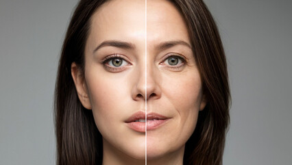 Same face portrait young and aged. Face split of an old and young women for olding revealing. Comparing mother and daughter. 