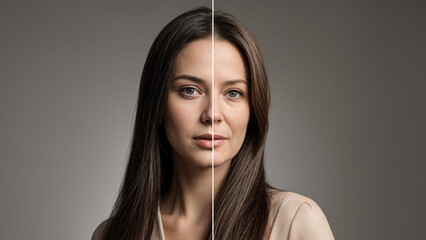 Same face portrait young and aged. Face split of an old and young women for olding revealing. Comparing mother and daughter. 