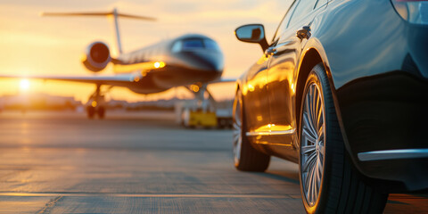 Luxury black car parked near private jet during golden sunset