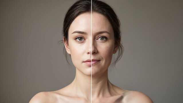 Same face portrait young and aged. Face split of an old and young women for olding revealing. Comparing mother and daughter. 