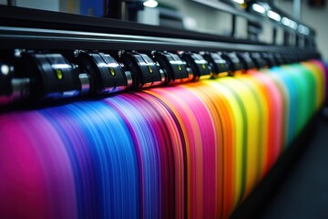 Fototapeta premium Vibrant color fabric rolls, textile production line closeup, rainbow cloth bolts for fashion design and manufacturing isolated PNG with Transparent Background