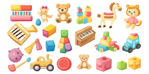 set of toys, flat design with a white background