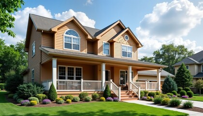Suburban home with large front porch, well-maintained lawn. Landscaped yard features shrubs, flowers. Sunny daytime scene under partly cloudy sky. Home exterior light orange-brown. Beautiful