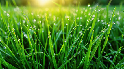 Fototapeta premium Dew-kissed Grass in the Morning Sunlight