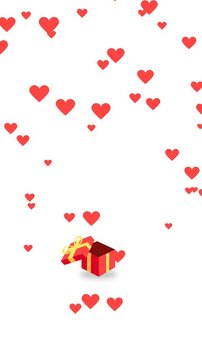 Gift box with love icon pattern flying around, isolated on white background.