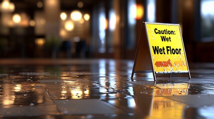 Obraz premium Caution: Wet Floor Sign in a Rainy Interior